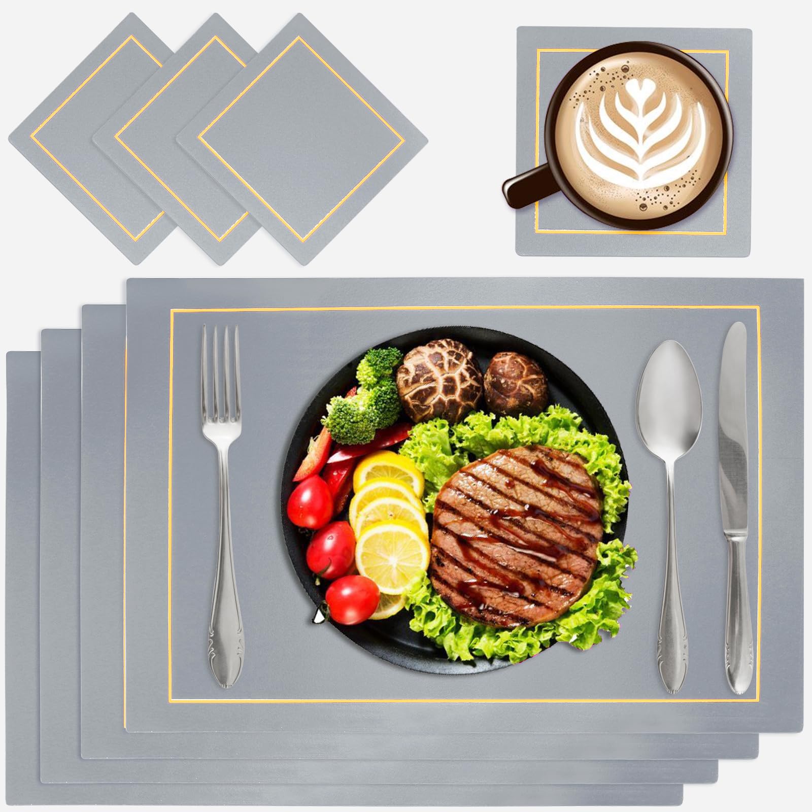 Ocves Placemats and Coasters Sets of 4, PU Leather Table Mats Heat Resistant Washable Waterproof Table Mats 43x30cm and Leather Coasters, Dinner Mats for Kitchen Dining Table Home Restaurant(Grey)