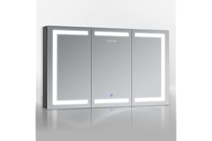 DECADOM LED Mirror Medicine Cabinet Recessed or Surface, Dimmer, Clock, Room Temp Display, Dual Outlets (Duna 48x32)