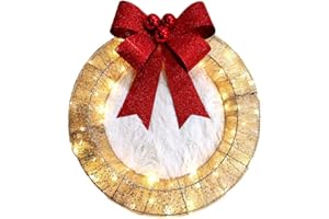 MONYPLAY Lighted Christmas Metal Wreath Detachable Tinsel Garland with Big Bow Sparkling Hanging Ornaments with Glittering Sequins for Indoor Outdoor Festive Home Decor (Gold A, 40cm)