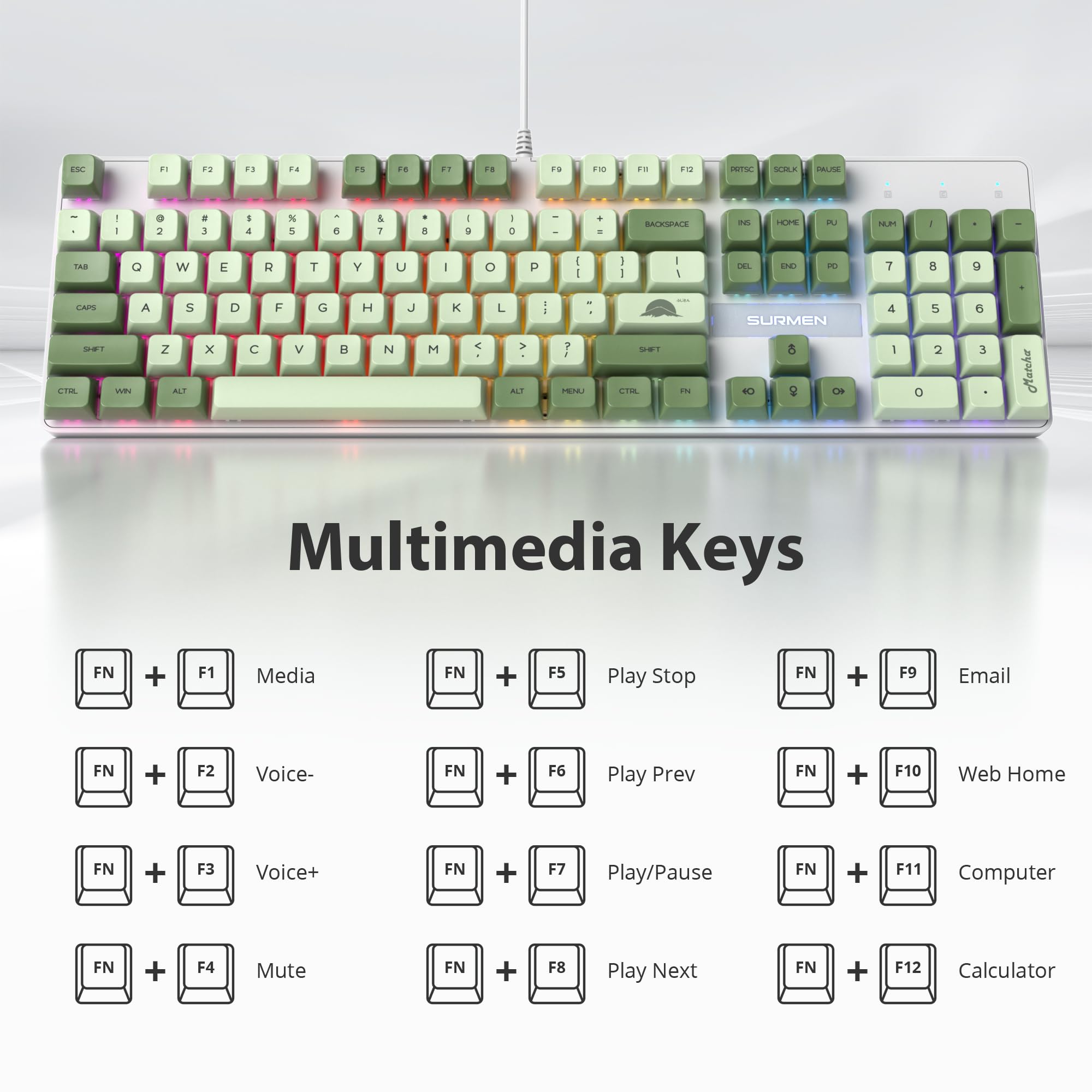 Fogruaden Mechanical Keyboard, Green Matcha, Wired USB 104 Key RGB Backlit Gaming Keyboard with Number Pad, Red Switches, NKRO for Windows Laptop PC Gamer