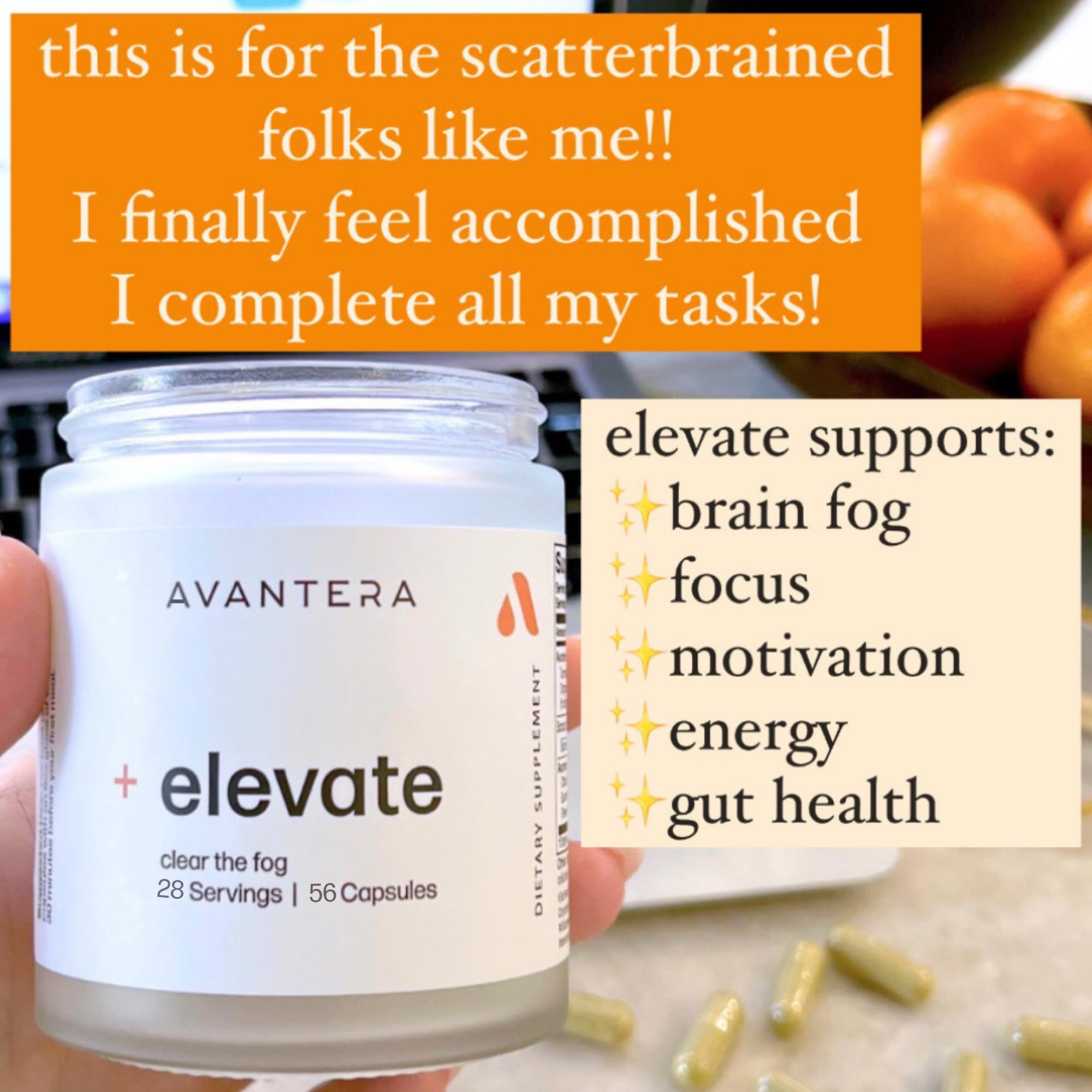 Avantera Elevate Premium Nootropic Supplement - Beat Brain Fog - Best Focus Supplements for Memory & Focus Support - Energy Without Crash - 56 Count Pills for Women & Men