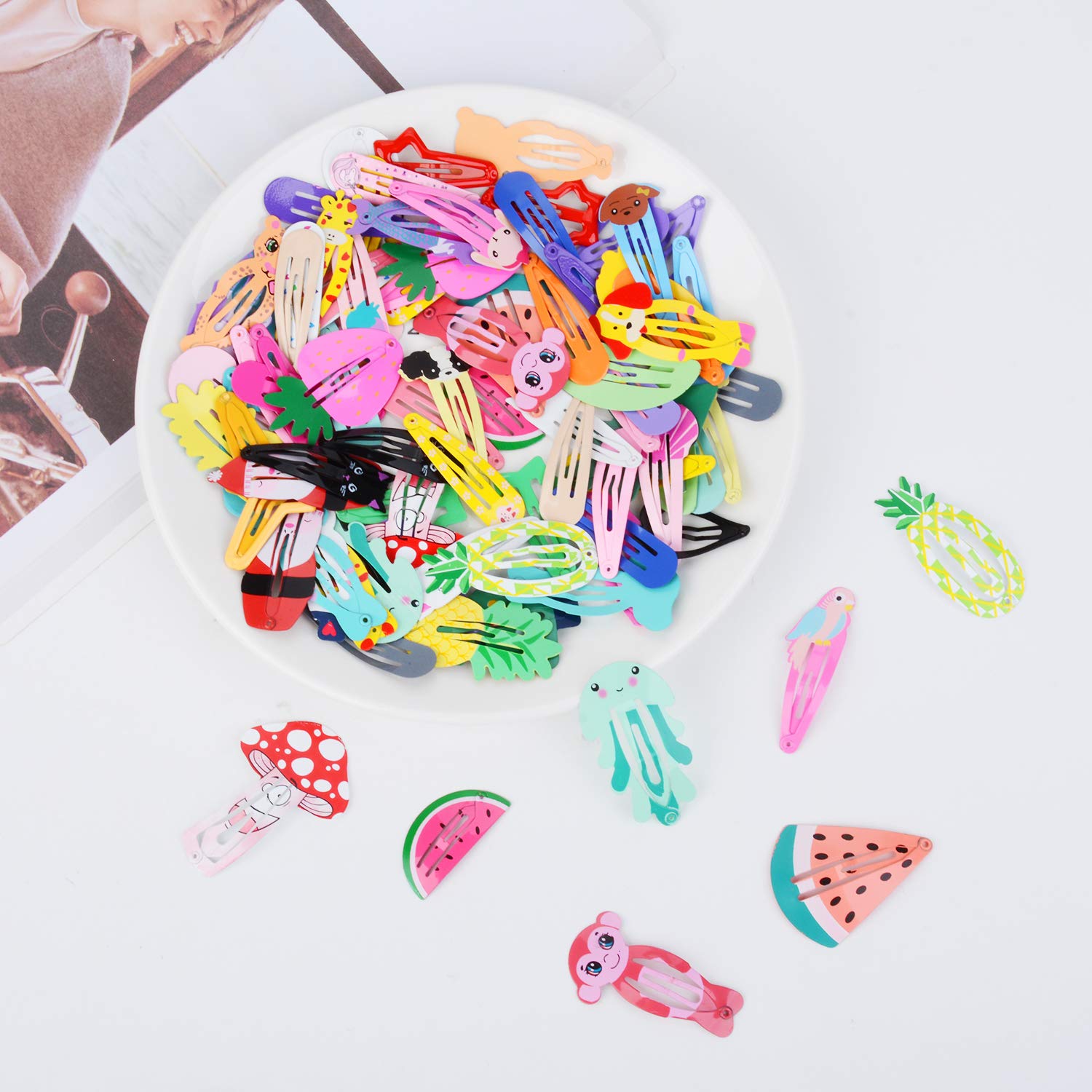 Lovely Hair Clips, Fascigirl 90PCS Animal Pattern Print Candy Color Heart Shape Star Shape Metal Snap No-slip Hair Barrettes Clips for Girls Toddlers Kids Women