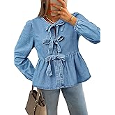 Tankaneo Womens Denim Tie Front Tops Babydoll Peplum Cute Blouse Puff Long Sleeve Going Out Jean Shirts
