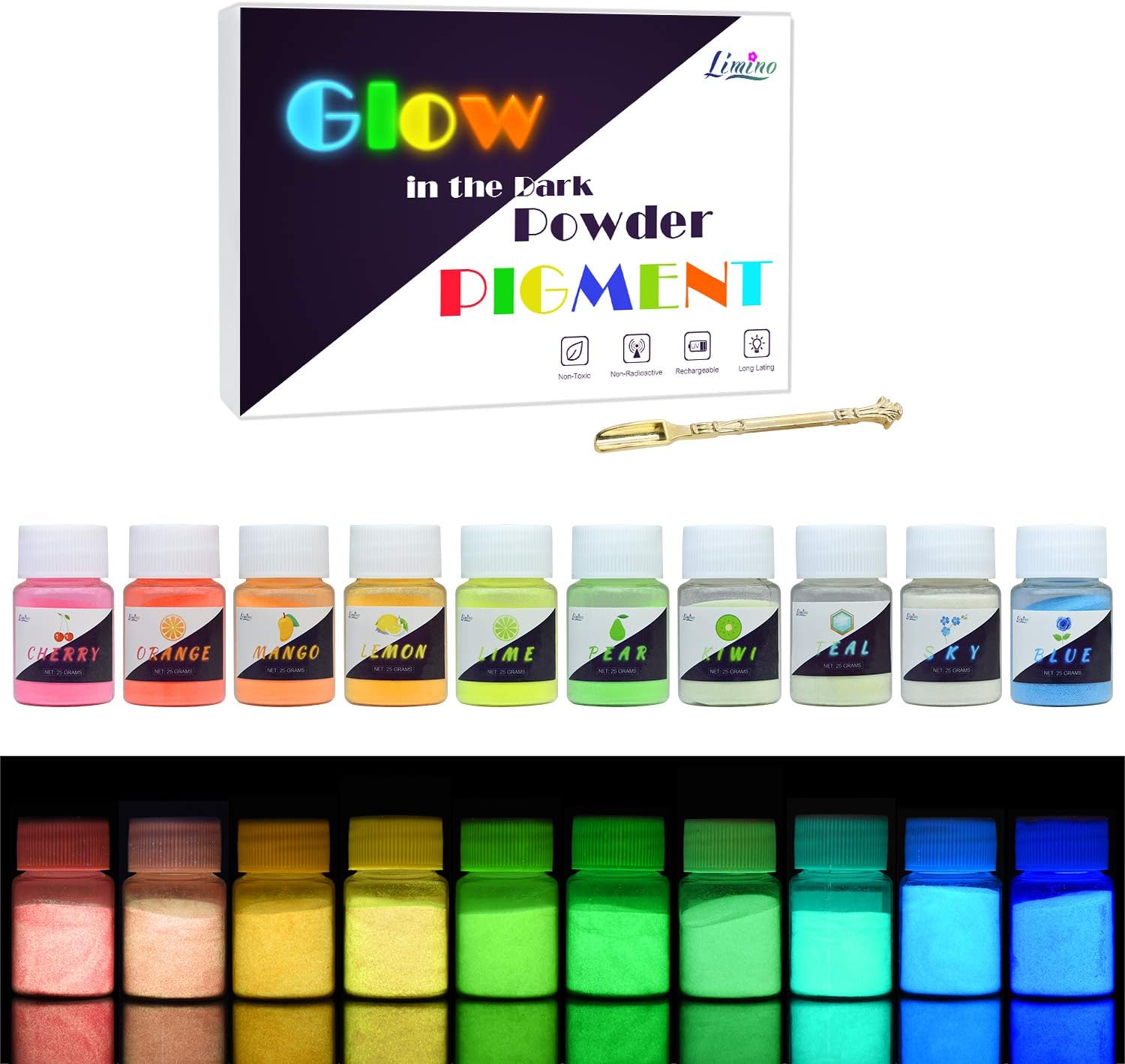 Glow in The Dark Pigment Powder, 10 Colour x 20g Epoxy Resin Colour Pigment Dyes for DIY Colouring Kit