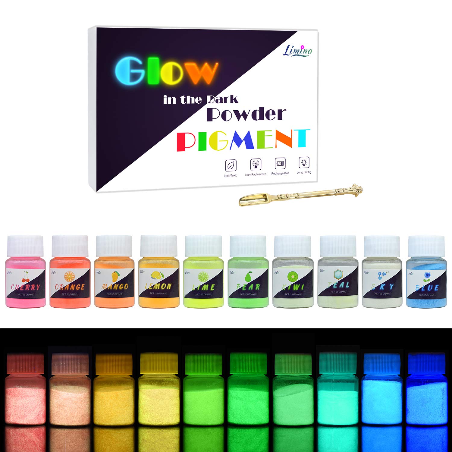 Glow in The Dark Pigment Powder - 10 Colour x 20g Epoxy Resin Colour Pigment Dyes for DIY Colouring Kit - Luminous Skin Safe Self Glowing for Acrylic Paint, Nail Art, Painting, Crafts - 200g