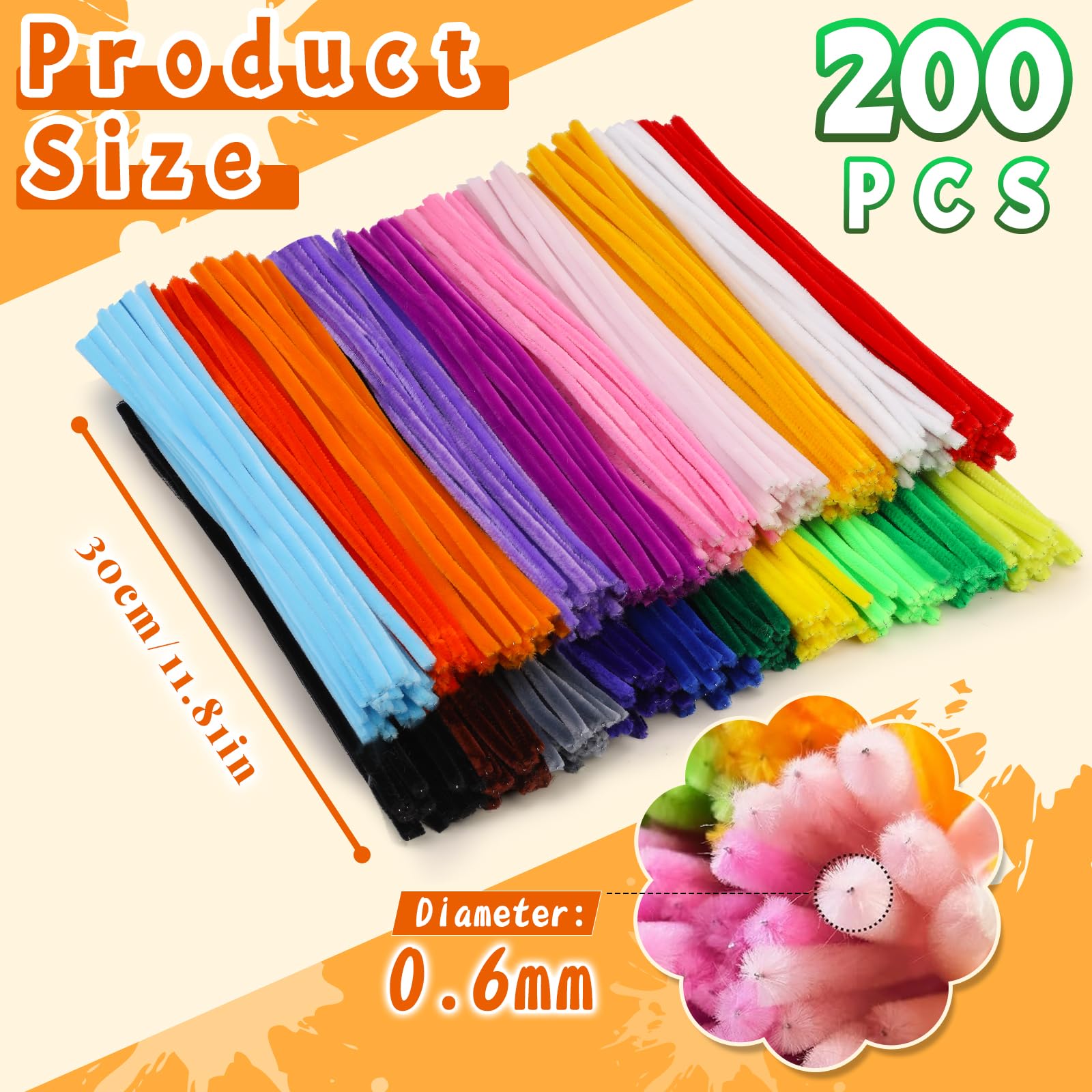 200 Pcs Pipe Cleaners, 20 Colors Pipe Cleaner Craft, Black Pipe Cleaners Bulk Chenille Stems Craft Supplies for DIY Cleaning Home Decorations