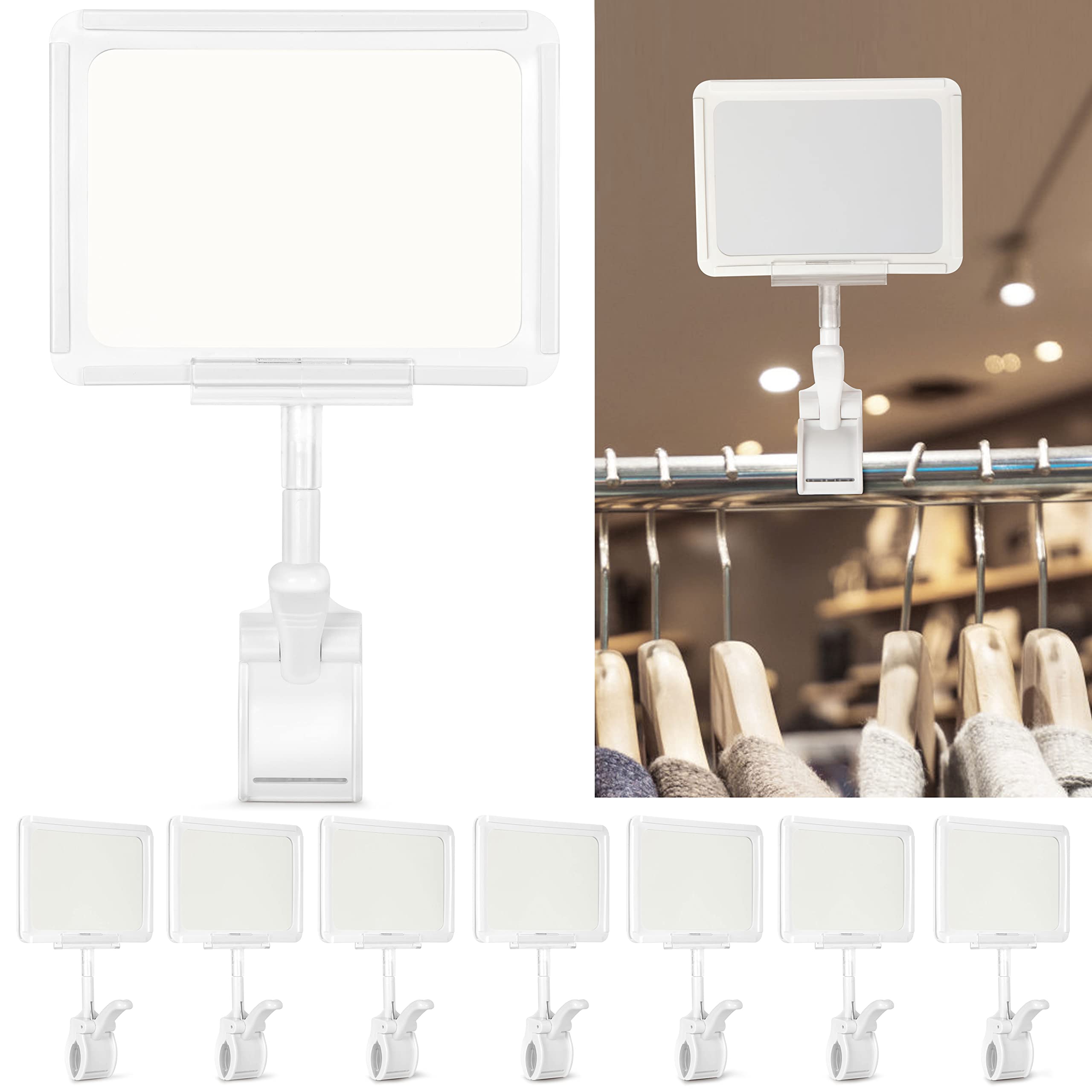 Photo 1 of Acrylic Sign Holder with Clamp, 6 x 9 Inch Double Head Display Clips with PVC Card Protector, Rotating Sign Price Tag Clip On Sign Display for Hangrails or Tubes (Pack of 7) (White)