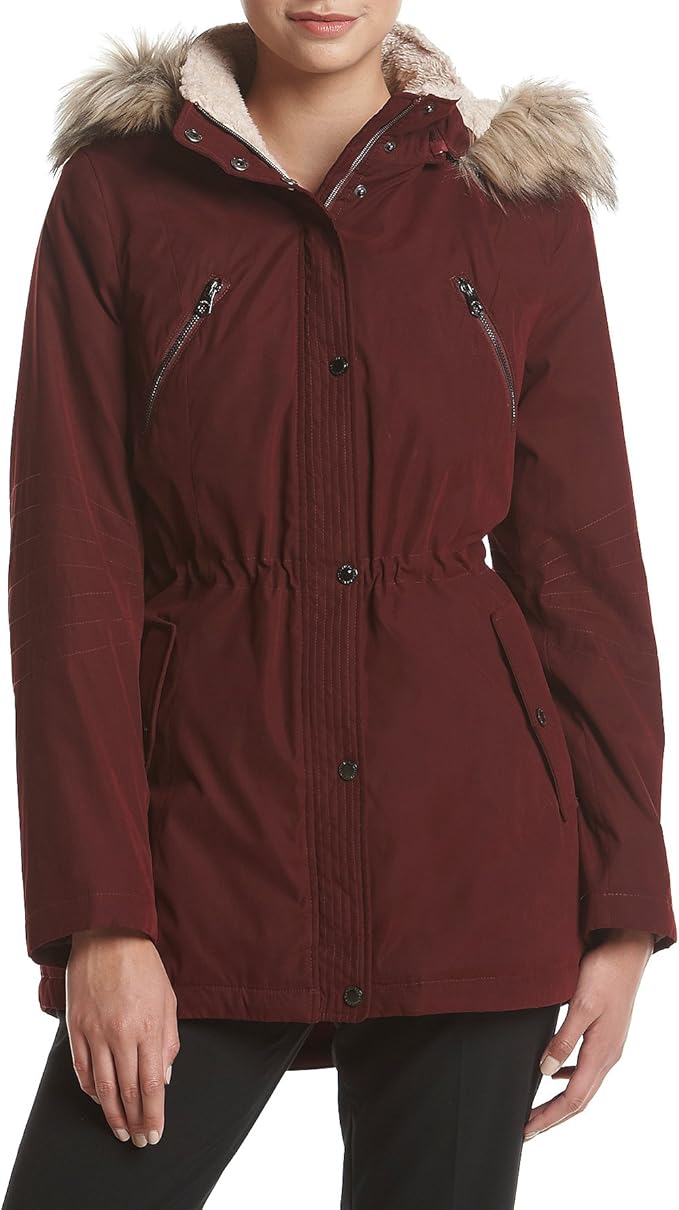 burgundy parka with fur hood