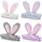 Whaline 4 Pack Easter Bunny Makeup Headband Rabbit Ear Spa Hair Band Coral Fleece Elastic Head Wrap Stretchy Headband for Party Face Washing Beauty Shower Women Girls (Blue, White, Gray, Purple)