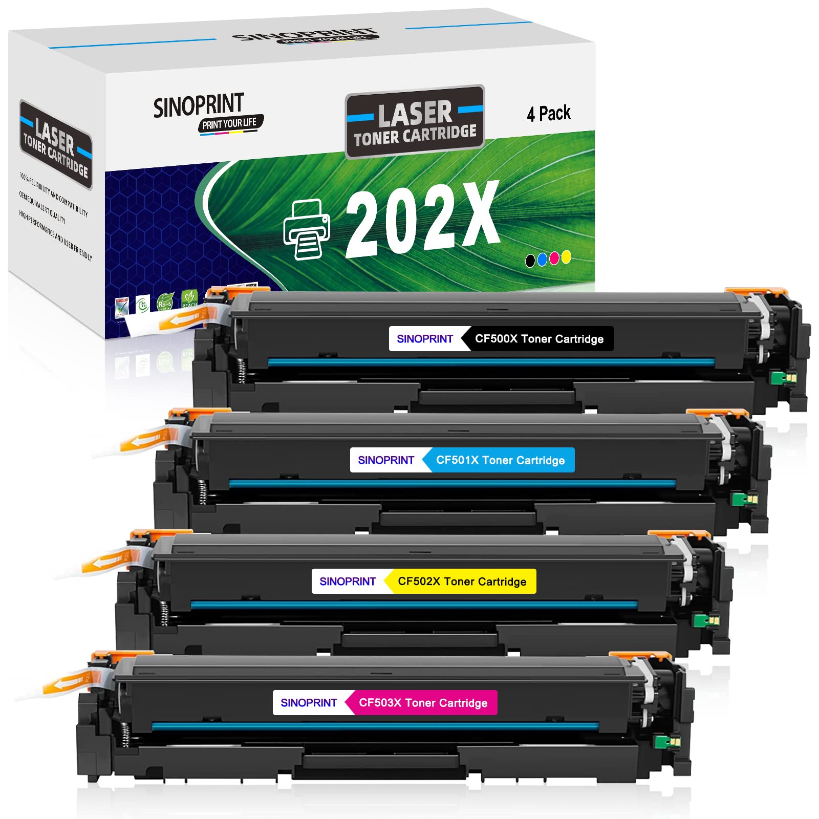 Photo 1 of SINOPRINT Toner Cartridge Replacement for HP 202X CF500X CF500A 202A Use for HP Color Pro MFP M281fdw M281cdw M254dw M281fdn 281fdw M254 M281 Toner Printer (Black Cyan Yellow Magenta, 4-Pack)