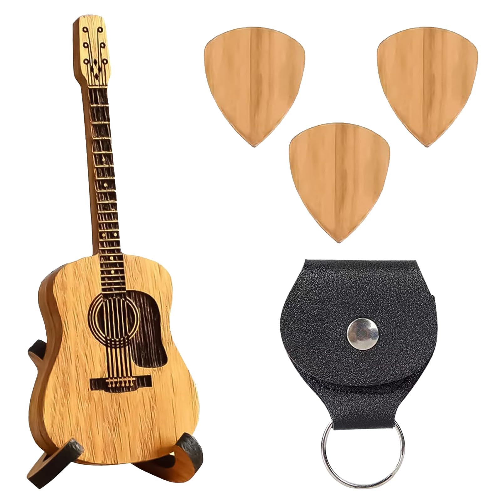 Wooden Guitar Pick Case With Stand - Custom Holder With 3 Picks and Plectrum Holder - Storage Container for Acoustic, Bass, Ukulele Lovers