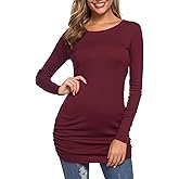 TORARY Women's 2025 Casual Long Sleeves Slim Fit Crew Neck Ruched Tunic Top T-Shirt Dress