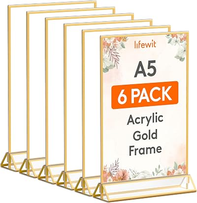 Lifewit 6 Pack A5 Acrylic Sign Holder with Gold Borders Vertical Double-Sided