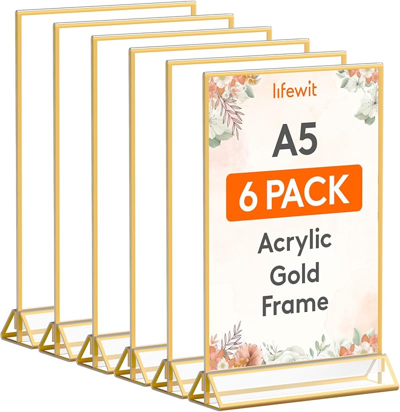 Lifewit 6 Pack A5 Acrylic Sign Holder with Gold Borders Vertical Double-Sided