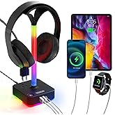 cozoo RGB Headphone Stand with Charger 3 USB Ports and 2 AC Outlets,2 USB-A 1 Type C,Desk Gaming Headset Holder with 9 Light Modes,PC Gaming Desk Accessories,Gamer Gifts,RGB Gaming Stuff Headset Stand