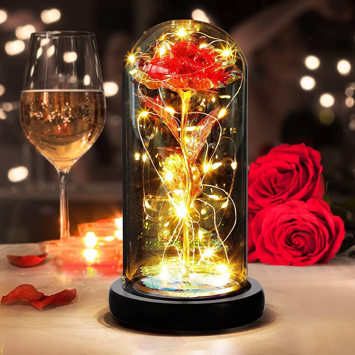 DASIAUTOEM Eternal Rose, Mother's Day, Beauty and the Beast Rose, Enchanted Rose Silk Rose with LED Lights Romantic Decoration Gift for Valentines Anniversary Wedding Mother's Day, Wife Girlfriend
