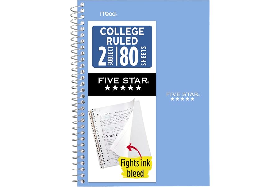 Five Star Spiral Notebook, 2 Subject, College Ruled Paper, 6" x 9.5", 80 Sheets, Blue (840029CG1)