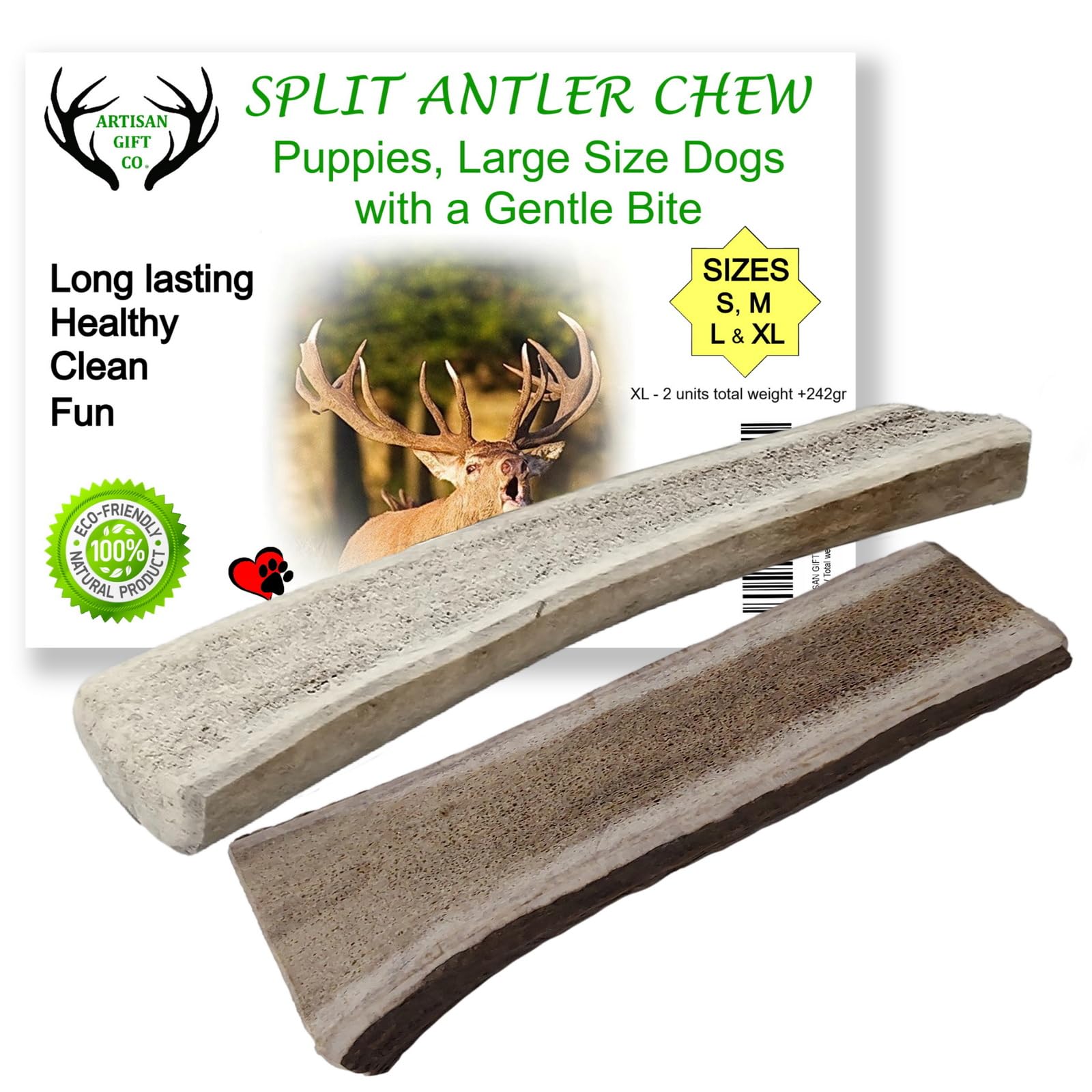 ARTISAN GIFT CO Naturally Shed 100% Natural Premium Split Deer Antler Chew for Dogs - minimum pack weight 242g (XL - 2 Units)