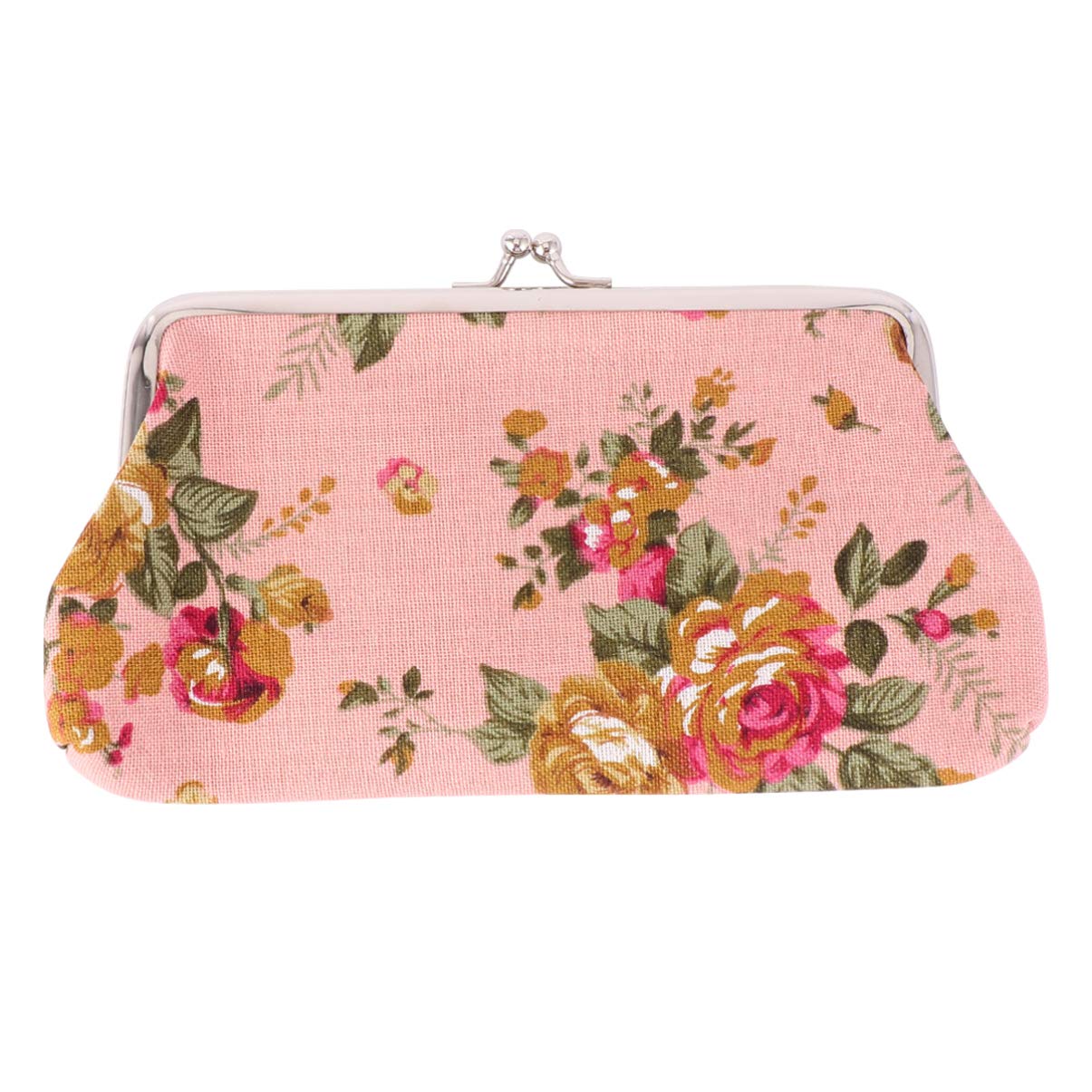 Floral Buckle Coin Purses Vintage Embroidered Pouch Kiss-Lock Change Purse Evening Party Handbag for Women Girl Ladies(Pink)