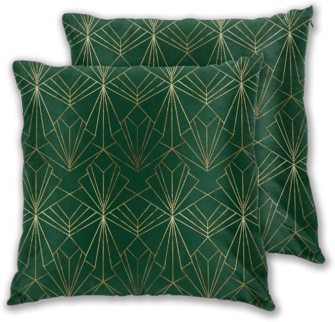Cushion Cover Art Deco In Gold & Green Set of 2 Square Throw Pillow