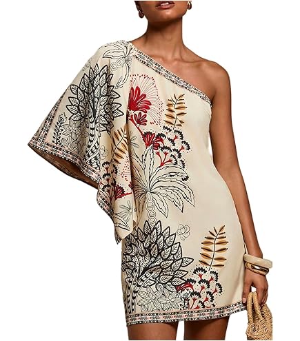 MakeMeChic Women's Boho Tropical Mini Dress One Shoulder Hawaiian Sundress