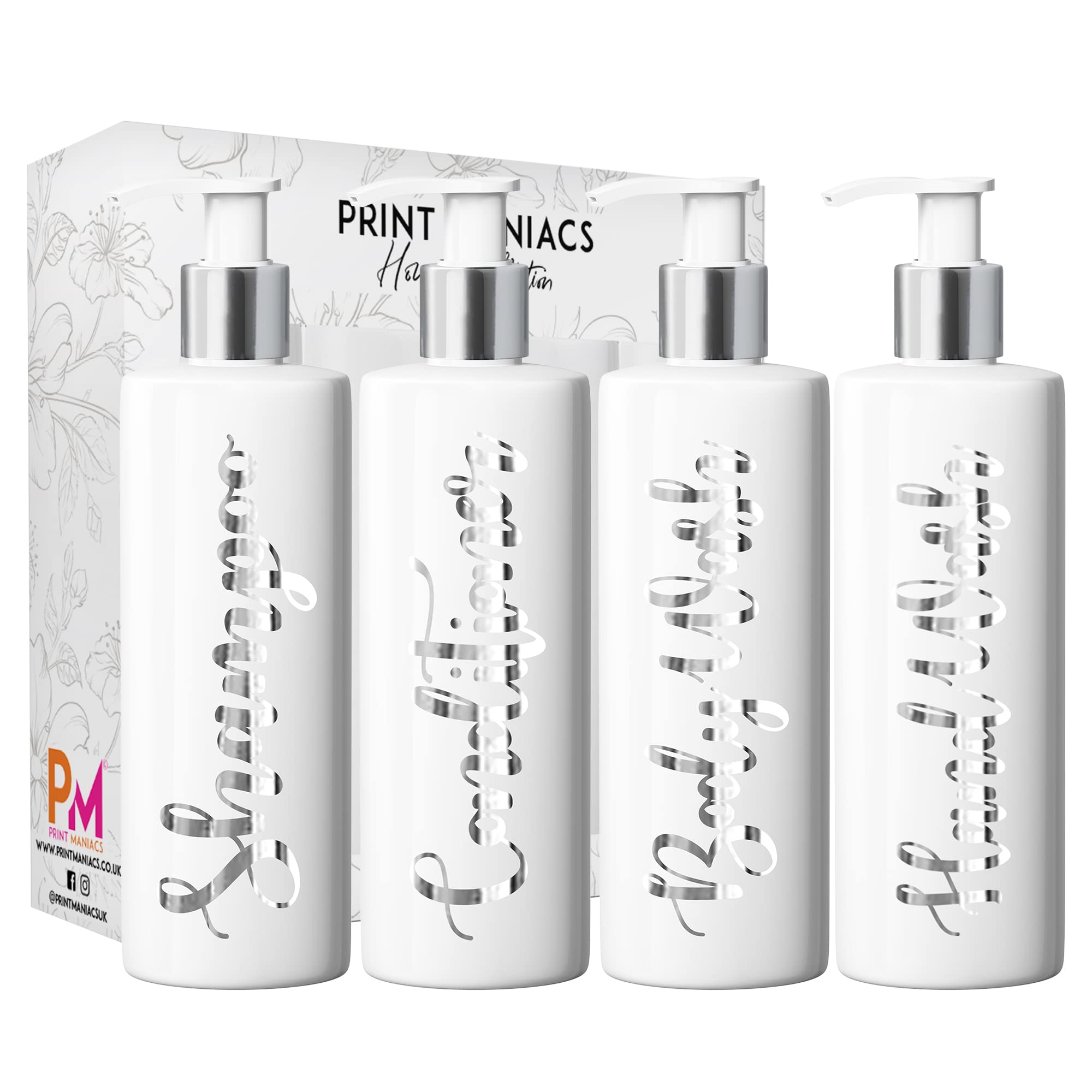 Print Maniacs White Mrs Hinch Inspired Personalised 500ml Pump Bottles Bathroom Lotion Kitchen Set Shampoo Conditioner ( Hand Wash Set ) (Silver)
