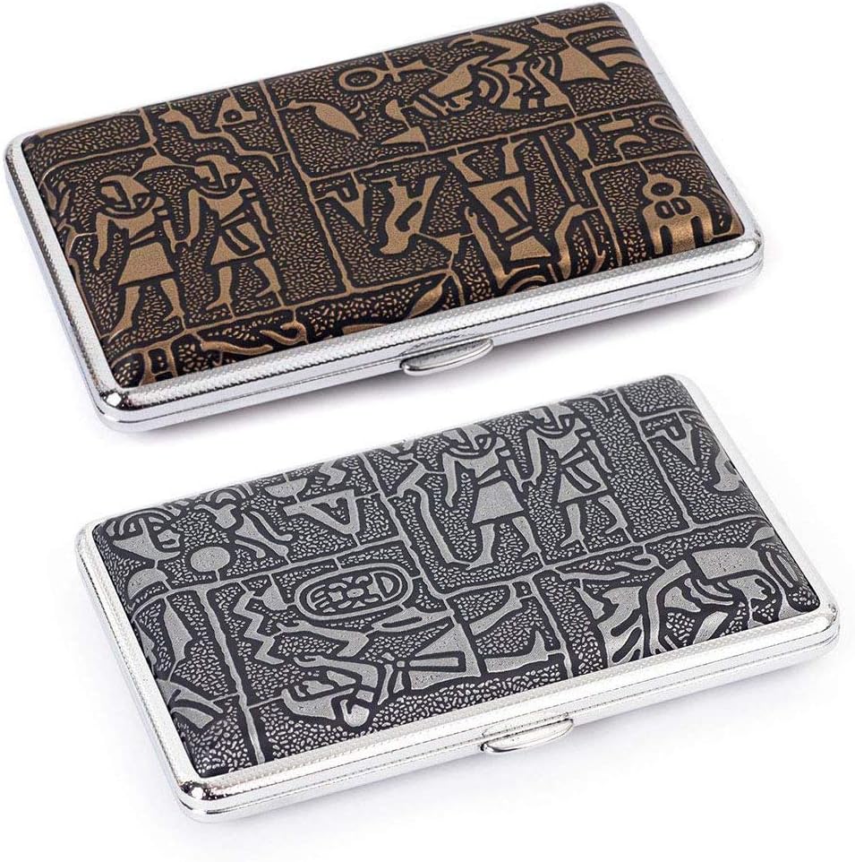 2pcs Egyptian Pattern Leather Metal Cigarette Case Holders for 100's Cigarettes