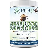PURE® Mushroom Superblend - 30 Servings - 2000mg Lion’s Mane with KSM-66® Ashwagandha & Organic Cacao - Caffeine-Free Focus, Memory & Stress Relief Morning Ritual - Made in USA