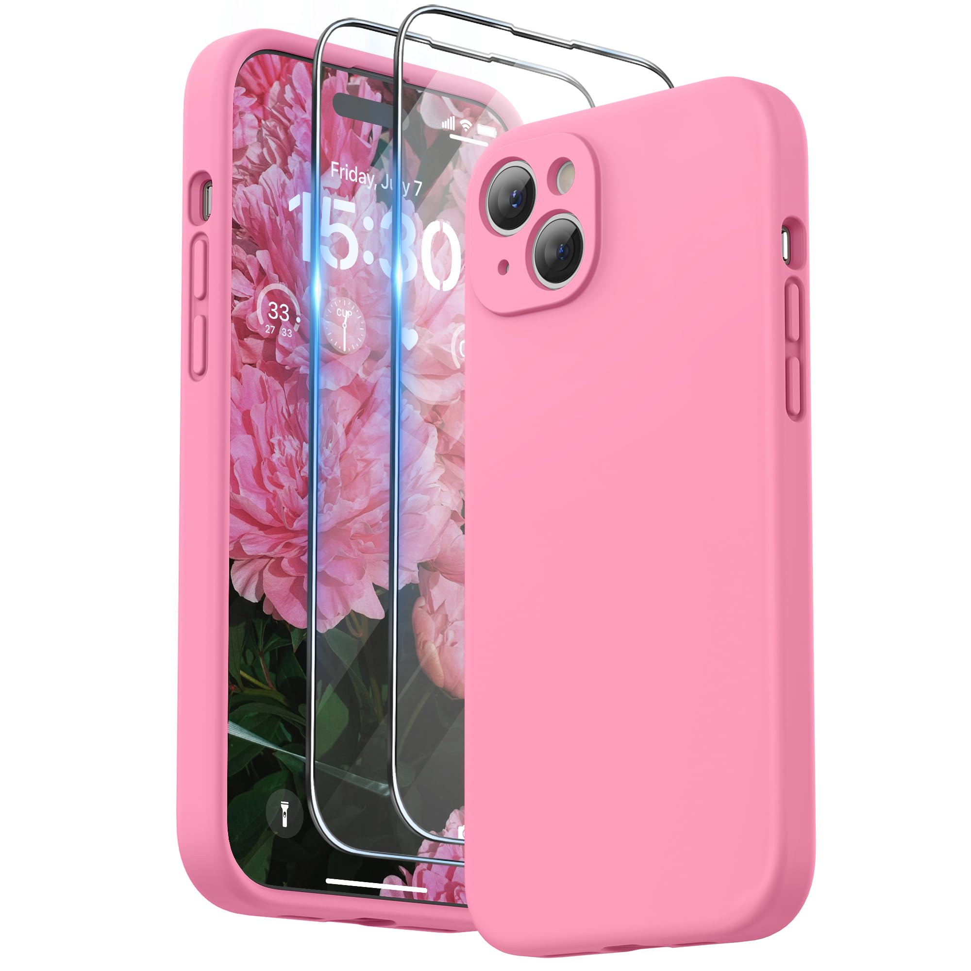 SURPHY Design for iPhone 15 Plus Case, Liquid Silicone Protection for Each Lens [2 x Screen Protectors & 1 x Lanyard] Shockproof Cover for iPhone 15 Plus 6.7 inch 2023 (Peach Pink) — image 1
