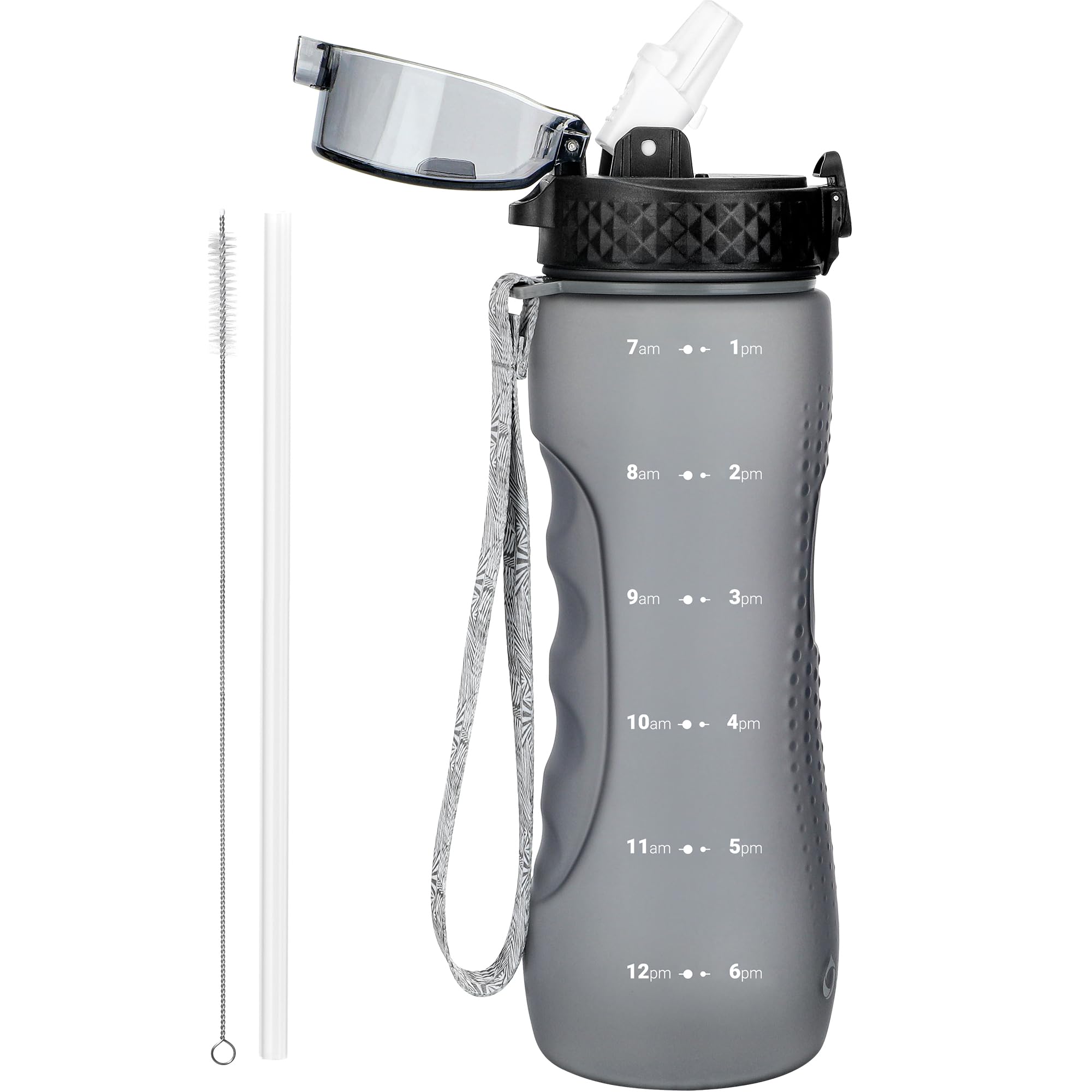 OLDLEY 750ml/25oz Water Bottles with Straw BPA Free Tritan Water Bottles for Gym School Sports Outdoor Leakproof Time Markings Durable Drink Bottles for Adult Kids Women Men(Grey, 1 Lid)