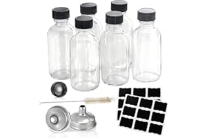 Hadatido 6pack 2oz Glass Bottles With Caps,Liquid Sample Bottles for Bourbon Whiskey,liquor,Juice,Potion,Oils,Vanilla Extract,Tincture,Hot Sauce,Syrup,with Funnels,Labels,Brush,No Leakag