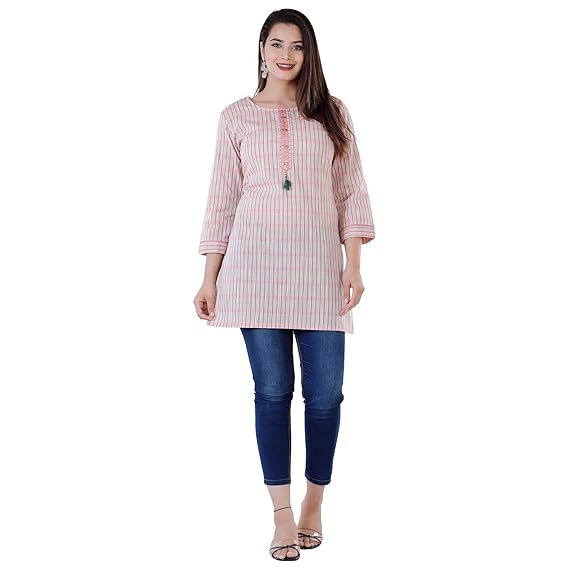 Women's South Cotton Pink Checks Straight Short Kurti (AJN228_Pink)