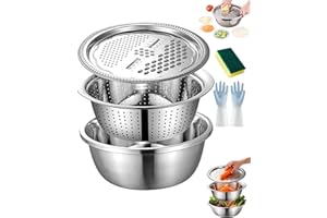 Round Bowl with Lid for Grading,Slicing,Then Spin,German Quality 3-in-1 Stainless Steel Grater Bowl,Fast Prep Slicer Bowl for