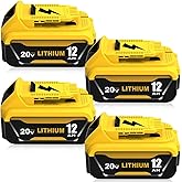 4 Pack 12000mAh High Capacity Replacement for Dewalt 20V Max Battery Compatible with Dewalt 20 Volt Lithium Battery Max DCB200 DCB201 DCB203 DCB204 DCB206 DCB207 DCB181 DCB180 Series Tools (Yellow)