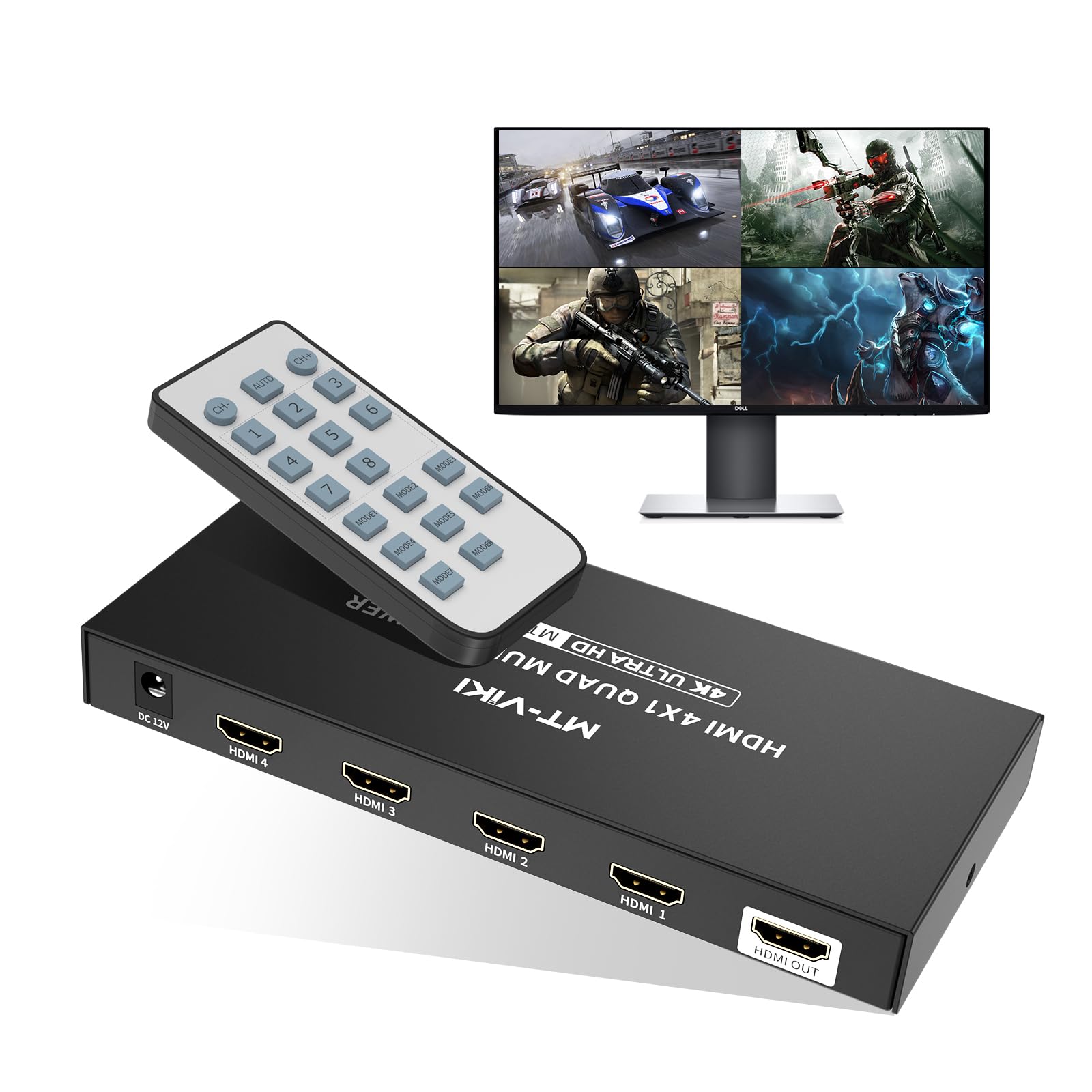 MT-VIKI 4K HDMI Multiviewer 4x1 w/IR Remote, 4K@30Hz Seamless HDMI Switcher 4 in 1 Out for PS4/PS5/Security Camera