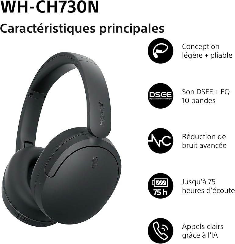 WH-CH730N Casque Bluetooth sans Fil à réduction de Bruit - Noir