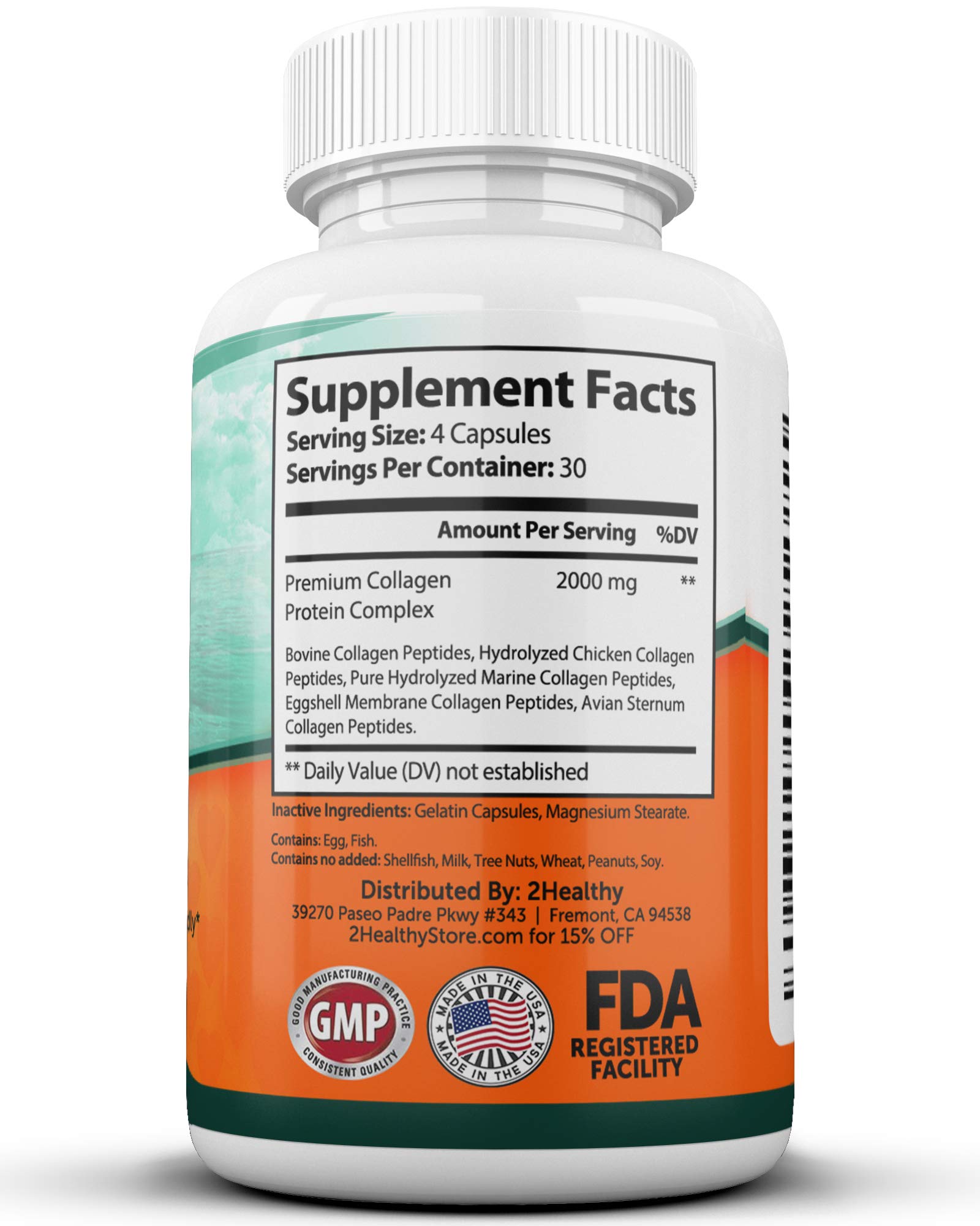 Multi Collagen Peptides Pills Type I, II, III, V, X 120 Capsules