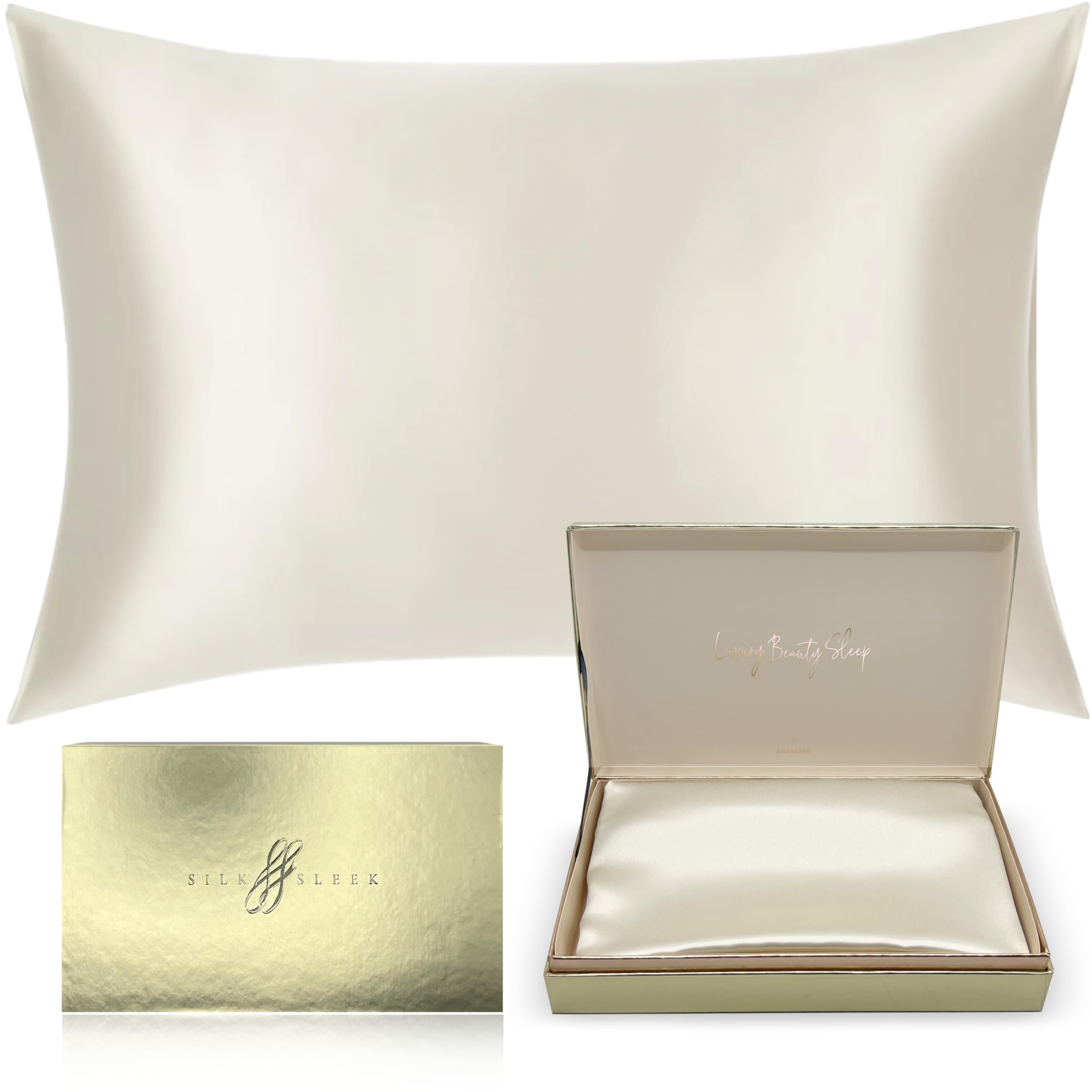 SILKSLEEK 100% Mulberry Silk Pillowcase for Hair and Skin, 22 Momme Silk Bedding, Hypoallergenic Natural Silk Pillowcase, Hidden Zipper Closure, 1 Pc Gift Box (Ivory, 50x75cm)