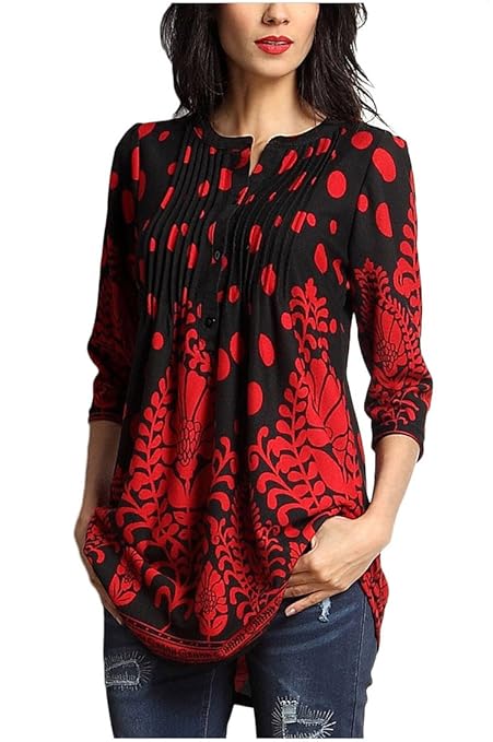 Minasan Sommer Damen Elegant Vintage Blumenmuster 3/4 ärmel T-Shirt Rundhals Falten Langes Bluse Oberteile