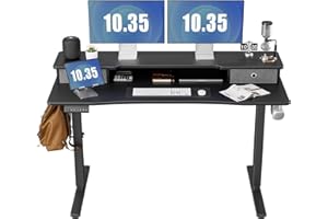 DUMOS 55 Inch Electric Standing Desk with Double Drawers Height Adjustable Sit Stand Up PC Work Table Ergonomic Rising Home Office Computer Workstation with Storage Shelf