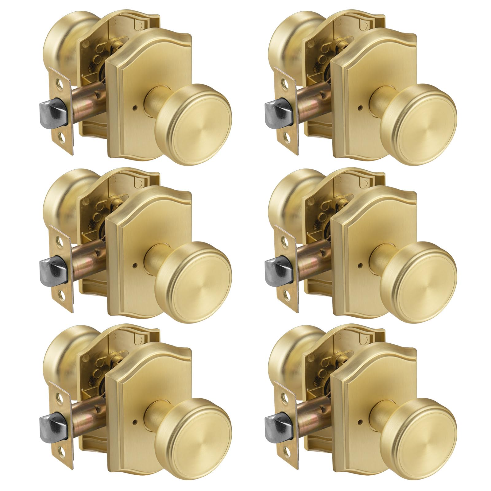 Photo 1 of NCSEN 6 Pack Gold Door Knobs, Interior Pismo Doorknob with Camelot Trim, Satin Brass Heavy Duty Door Knob with Lock