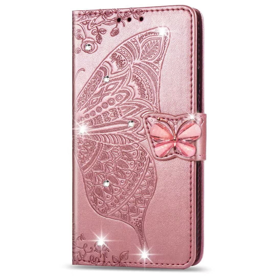 For Case Compatible with Google Pixel 6 Case 3D Glitter Bling Sparkly Gems Butterfly Flip Case Stand PU Leather Wallet Phone Cases Card Slots Magnetic Silicone Bumper Shockproof Cover Rose gold