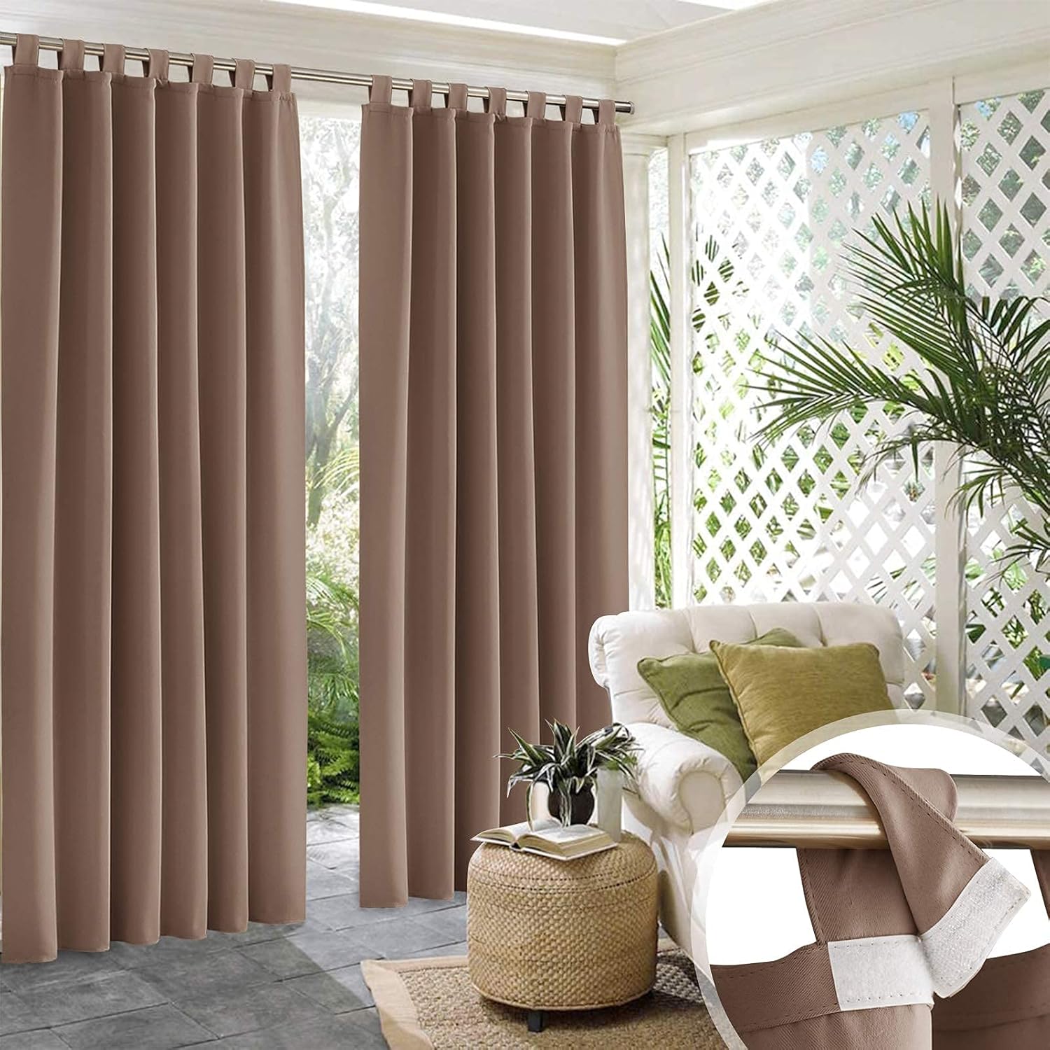 Outdoor Curtains - RYB HOME Gazebo Curtains Outdoor Waterproof - Detachable Top Outdoor Curtains Blackout Privacy Drapes for Patio Porch Balcony Pergola Pool Hut, 52 inch Wide x 95 inch Long, Mocha, 2 Pcs