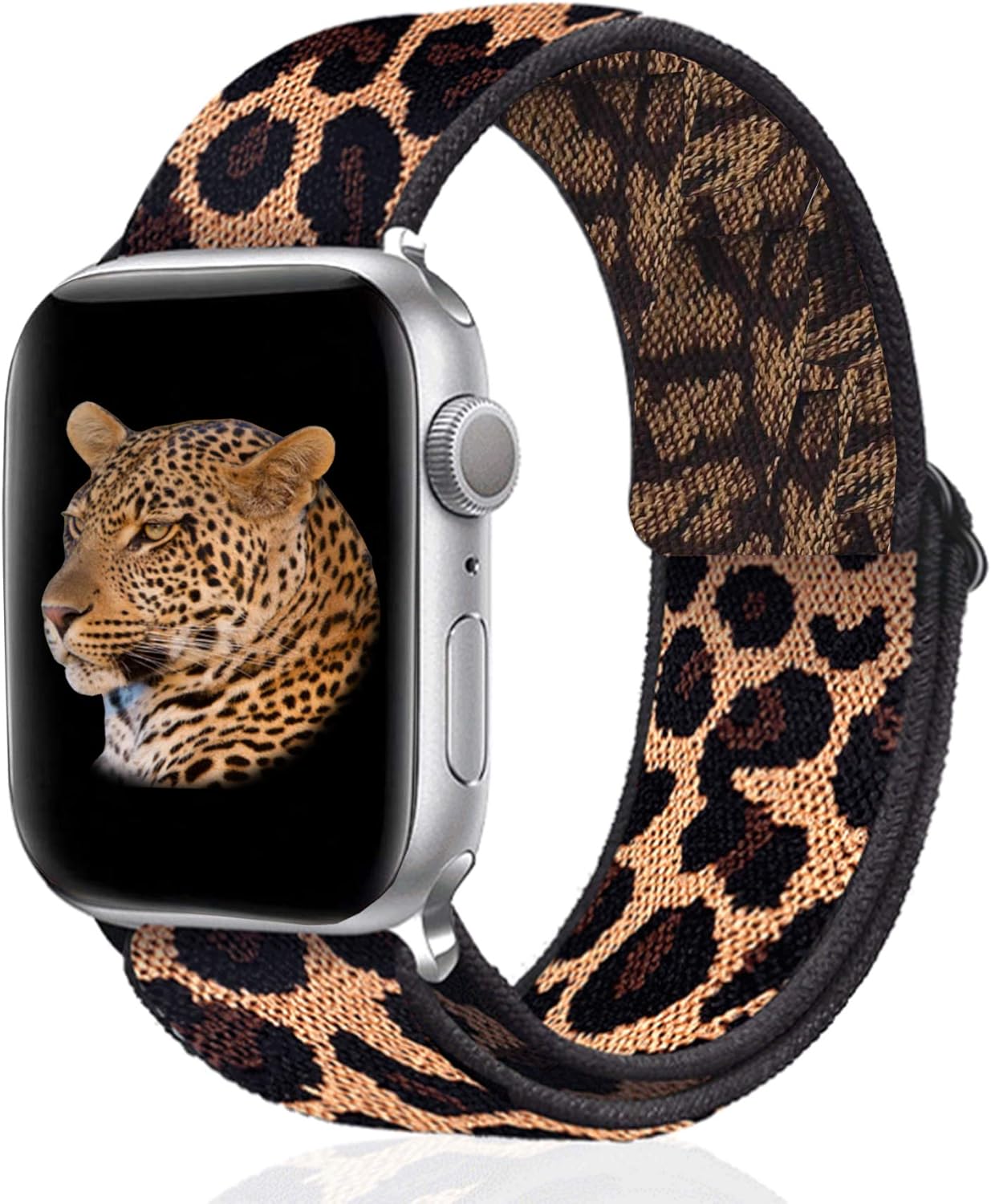 Stretchy Nylon Solo Loop Bands Compatible with Apple Watch 38mm 40mm, Adjust Stretch Braided Sport Elastic Women Men Strap Compatible with iWatch Series 6/5/4/3/2/1 SE, Brown Leopard