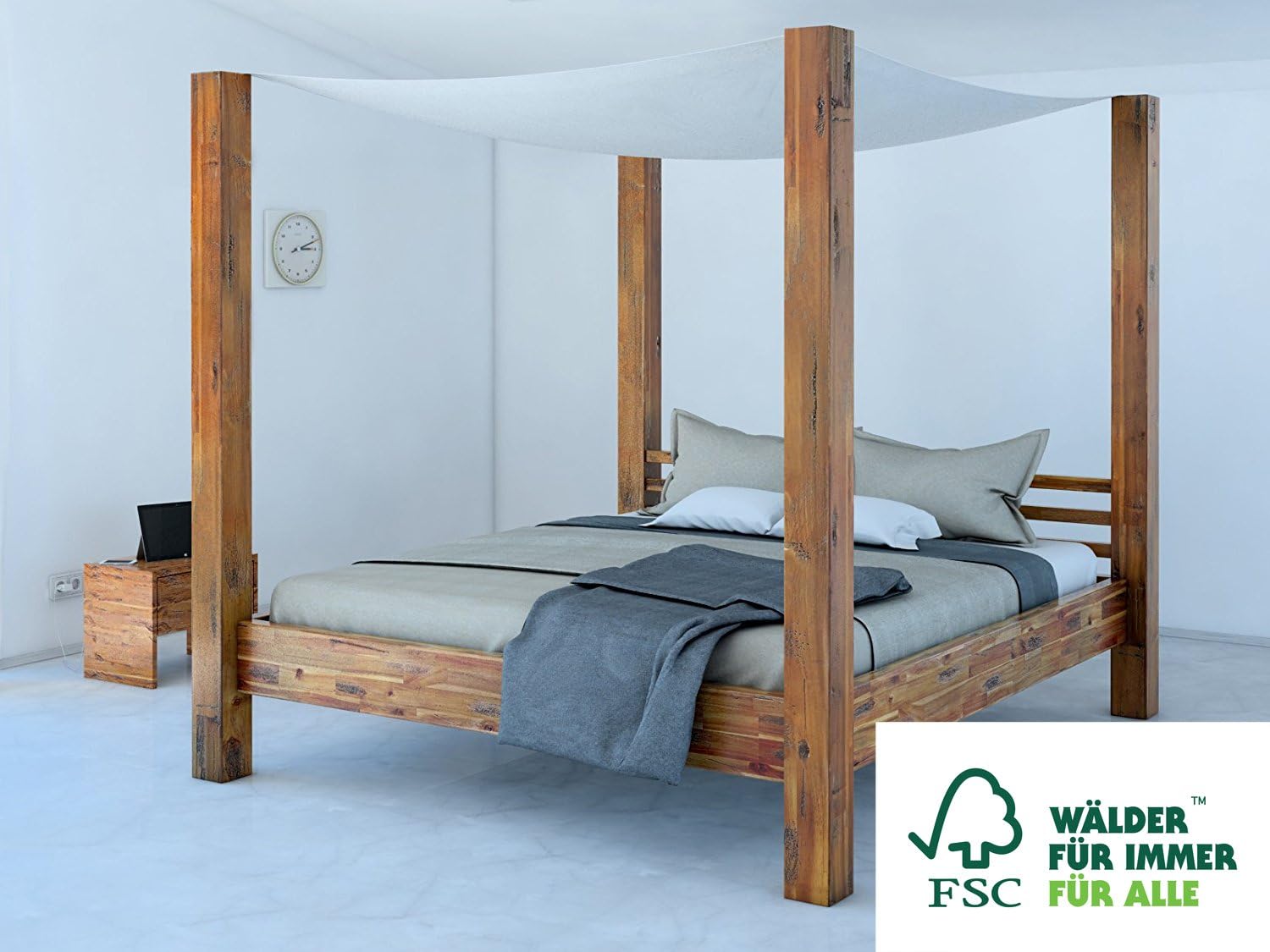 SAM Himmelbett 160x200 cm Ella aus Akazien-Holz Massiv inkl. Stoffhimmel, Unikat, Doppelbett ...