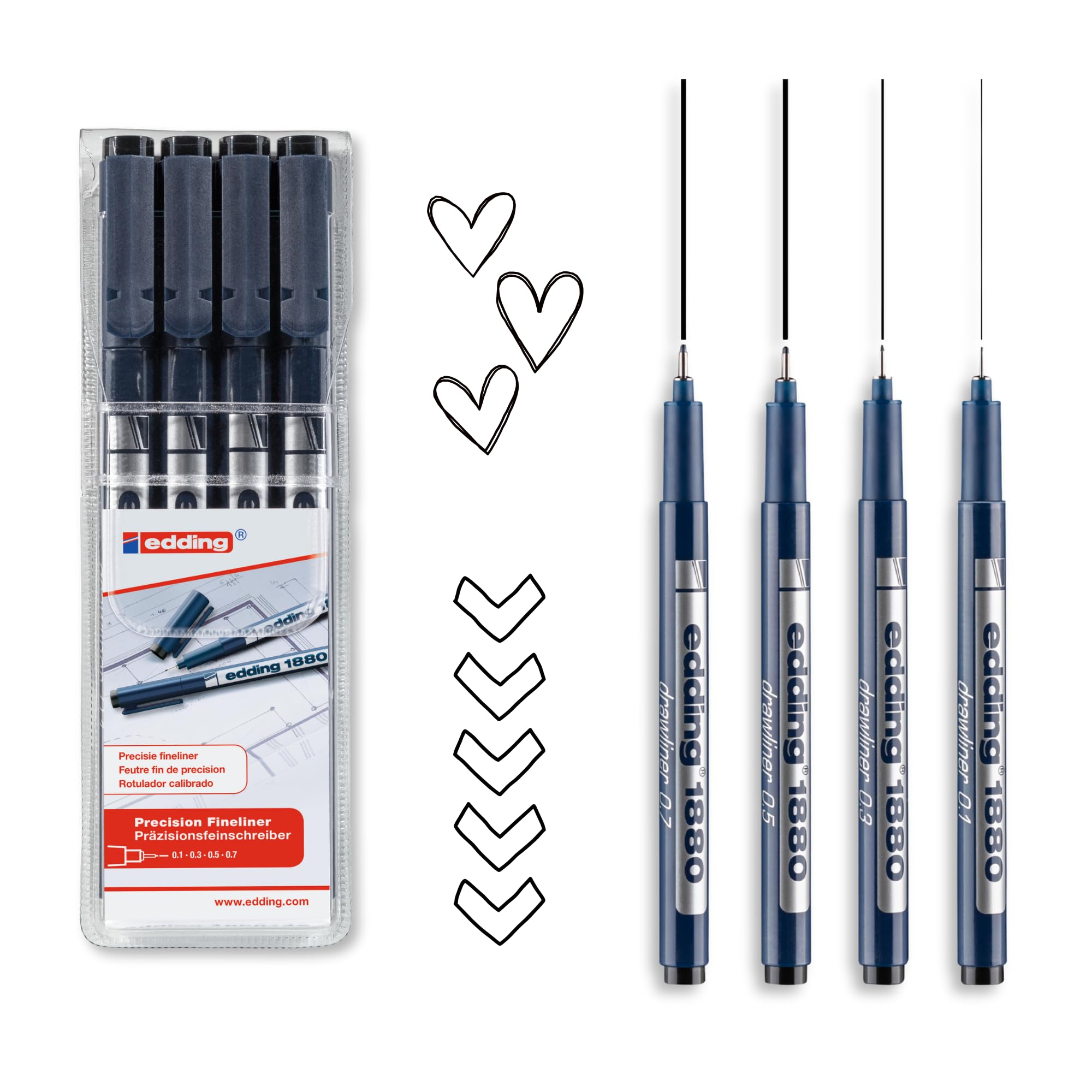 edding 1880 profipen - black - set of 4 -line width 0.25-0.7 mm-fineliner pen for precise writing, sketching and technical drawing - fine, metal-encased nib - suitable for use with rulers and stencils