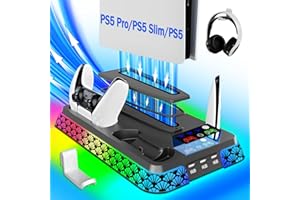 LHFDIAN PS5/Slim/Pro Stand and Cooling Station with LED Controller Charging Station for PlayStation 5 Console,Accessories Incl.Controller Charger,PS5 Cooling Fan,Headset Holder,3 USB Hubs (Firework-Black)