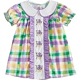 Honganda Cute Toddler Baby Girl Carnival Dress Doll Collar Bubble Sleeve Ruffle Plaid Mini Dress Holiday Mardi Gras Outfit