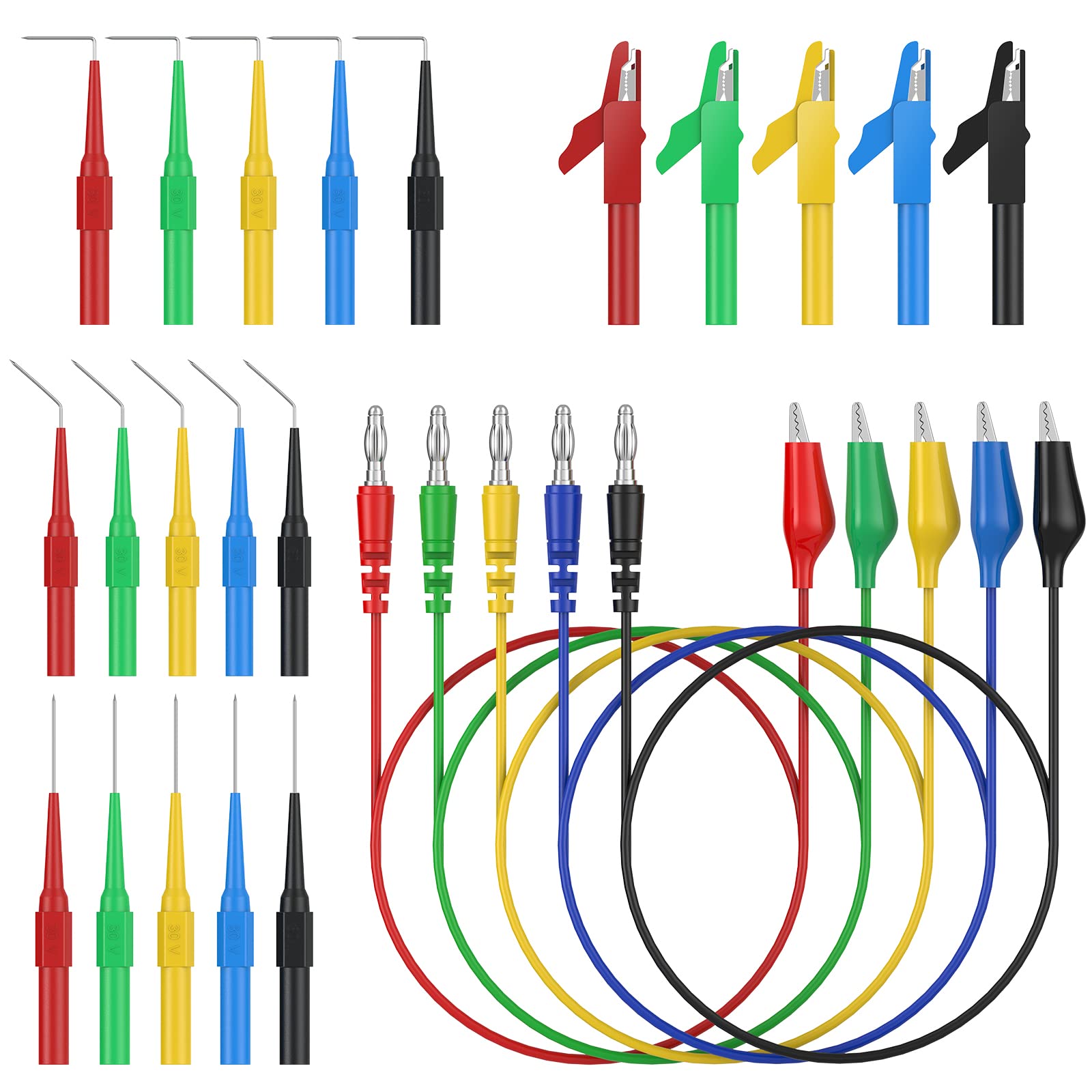 CAMWAY 25 Pcs Test Leads Back Probe Kit, 5 Colors Multimeter Banana Lead Text Kit Includes Banana Plug to Alligator Clip Test Lead and Crocodile Clips 15 Pcs Sharp Flexible Silicon Back Probe Pin