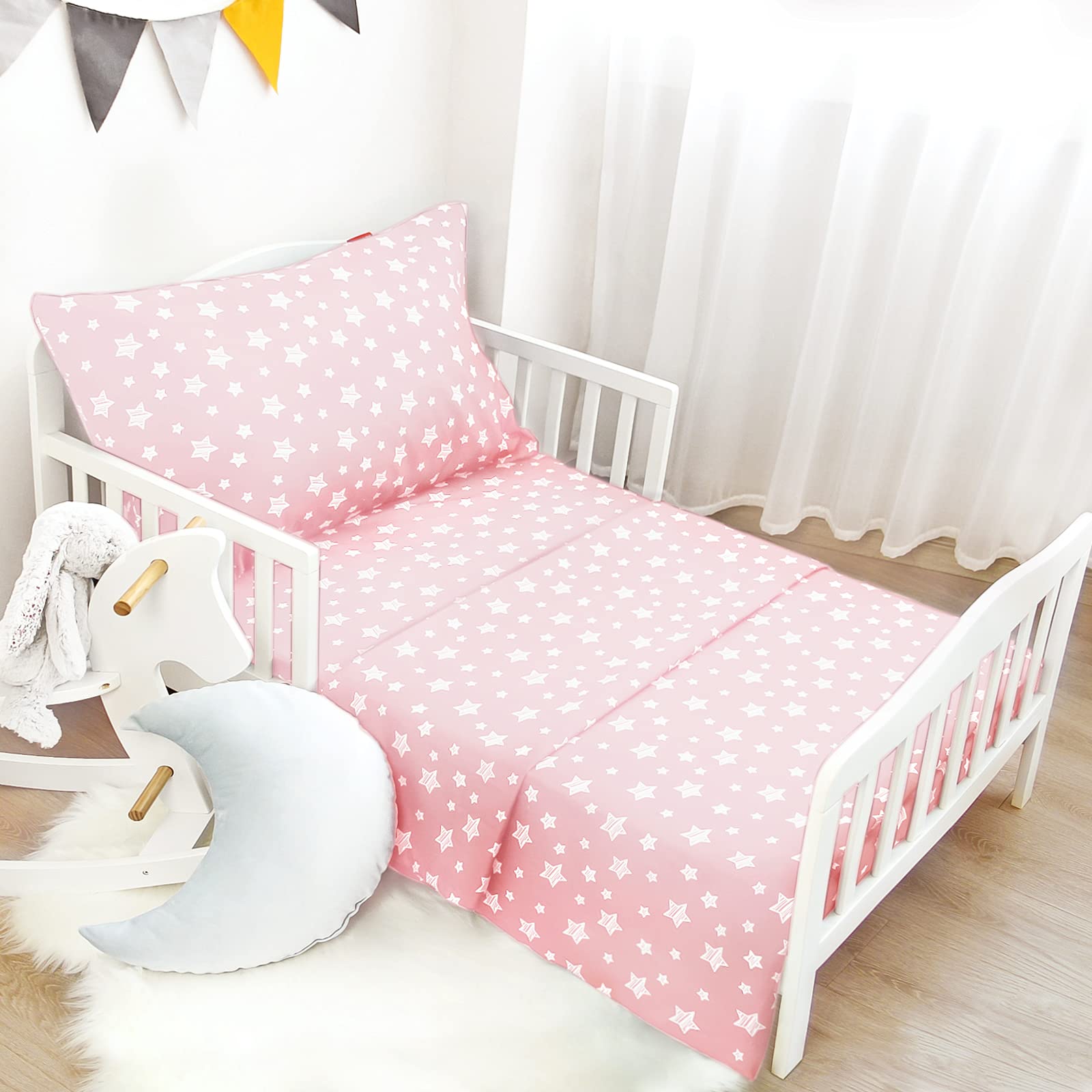 Photo 1 of Toddler Bed Sheets for Girls - 3 Piece Set With Flat Sheet, Fitted Sheet, Pillowcase - Soft Breathable Baby Bedding, Pink Star